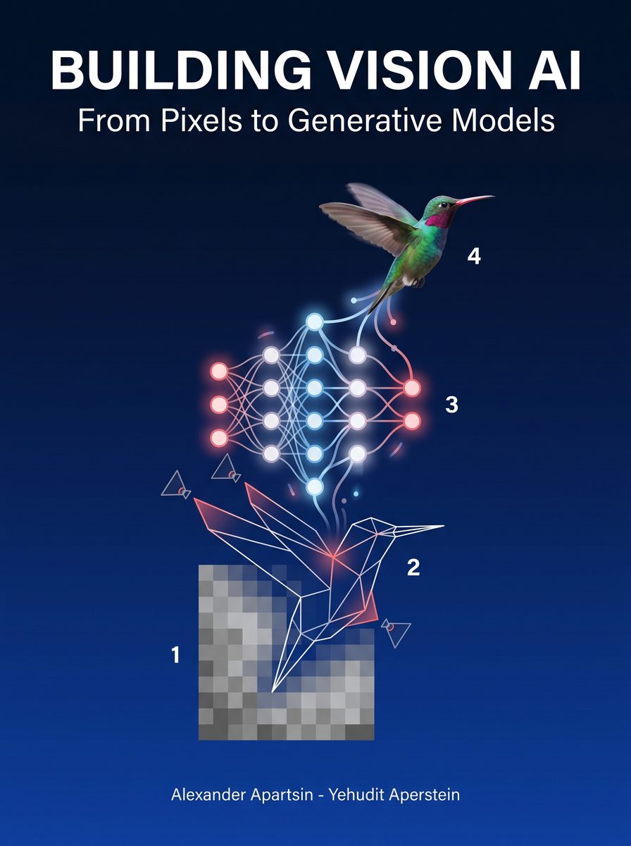 Book cover: a pixel grid rising through wireframe geometry and a neural network into a photorealistic hummingbird, with the title Building Vision AI, From Pixels to Generative Models